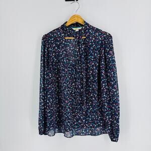 Boden Dark Sheer Floral Tie Neck Blouse Multicolor Long Sleeve Black Size US 14